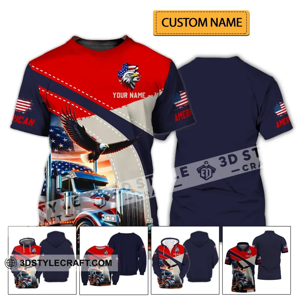 Unisex Shirt - Custom Name 3D Eagle Truck America Flag Color T-Shirt