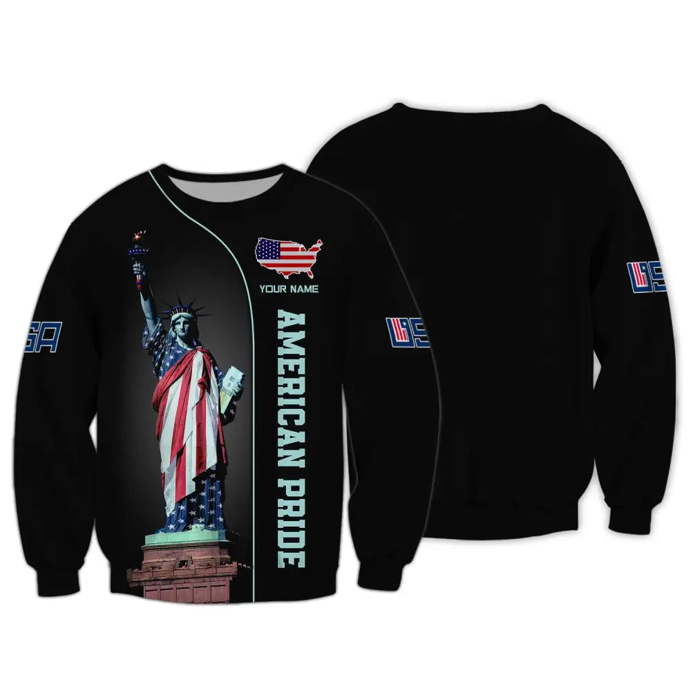 Unisex Shirt Custom Name American Pride Independence Day Statue Of Liberty T-Shirt Long Sleeve / S
