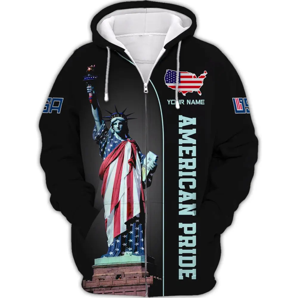 Unisex Shirt Custom Name American Pride Independence Day Statue Of Liberty T-Shirt Zipper Hoodie / S