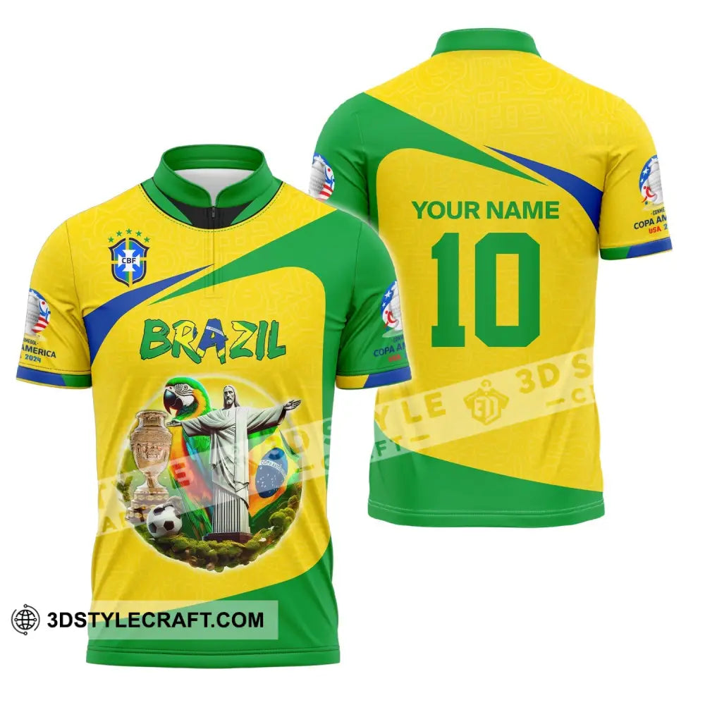 Unisex Shirt Custom Name And Number Brazil Football T-Shirt Copa 2024 Polo Long Sleeve Zipper / S