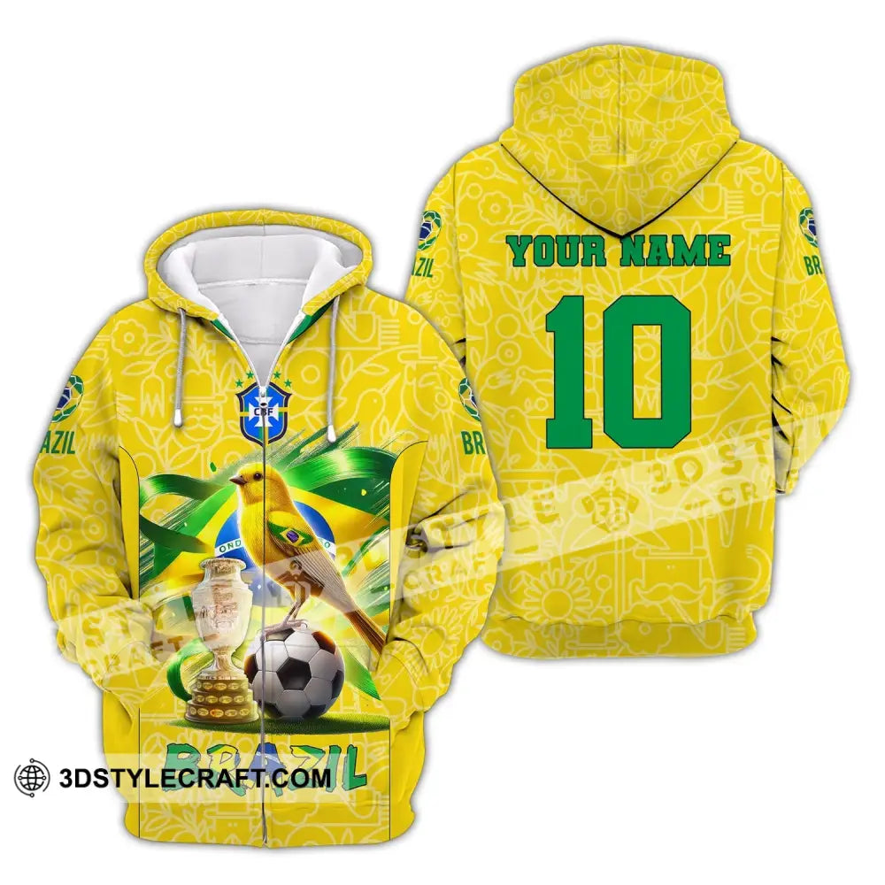 Unisex Shirt Custom Name And Number Brazil Football T-Shirt Polo Long Sleeve Zipper Hoodie / S