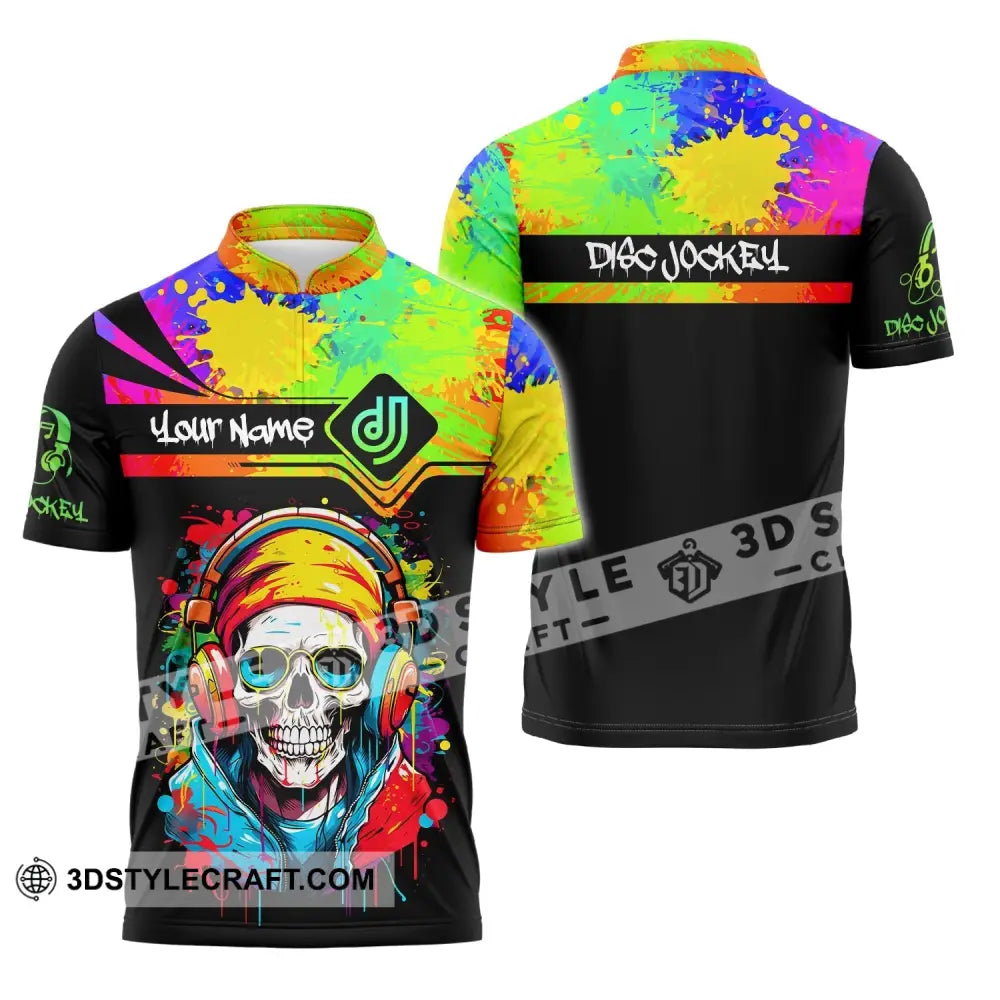 Unisex Shirt Custom Name Disc Jockey Dj Skull Hoodie Polo Long Sleeve Gift For Zipper / S T-Shirt
