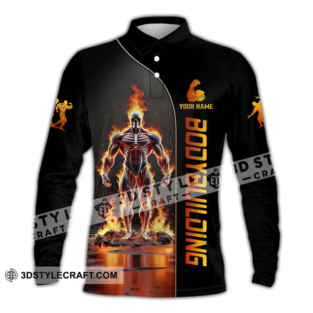 Unisex Shirt - Custom Text Fire Bowling Man Long Sleeve Polo / S T-Shirt