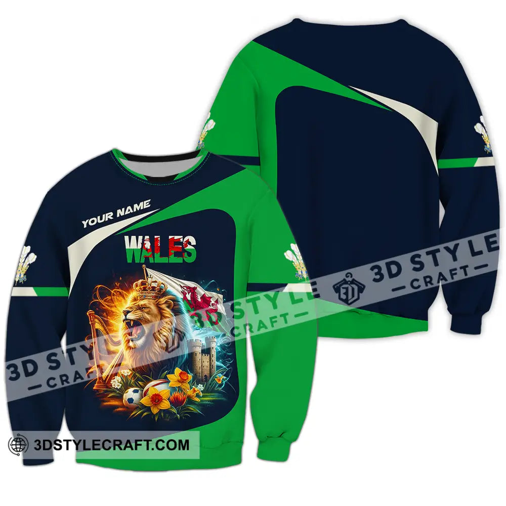 Unisex Shirt - Custom Text Wales Lion Long Sleeve / S T-Shirt