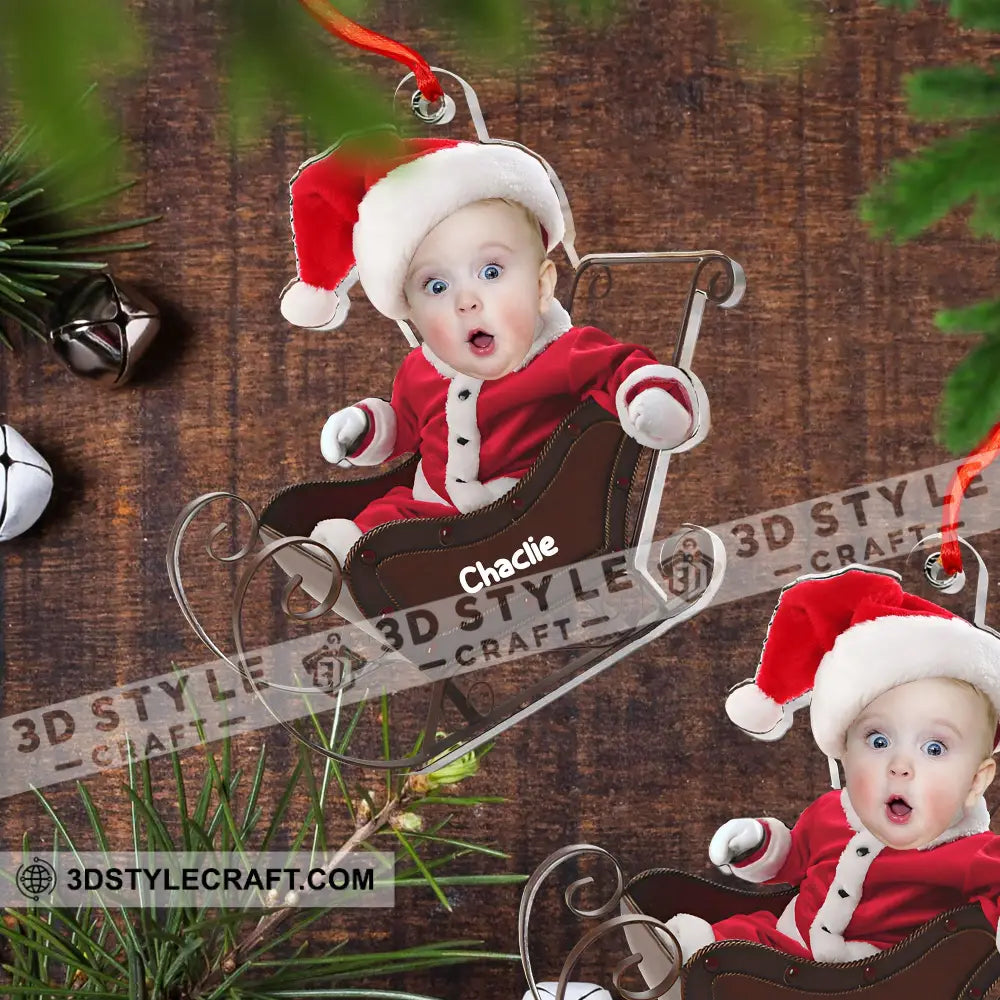 Baby In Christmas Sleigh - Custom Photo And Name Personalized Acrylic Ornament Gift For Family