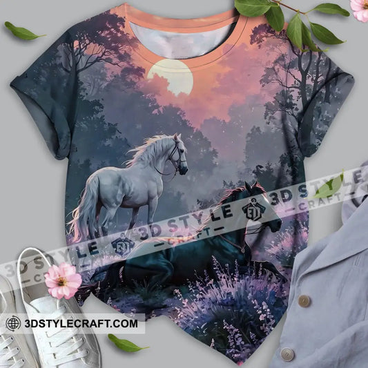 Unisex Shirt - Black And White Horses In Sunset Horse Graphic Animal Scenery Stylish Shirt T-shirt