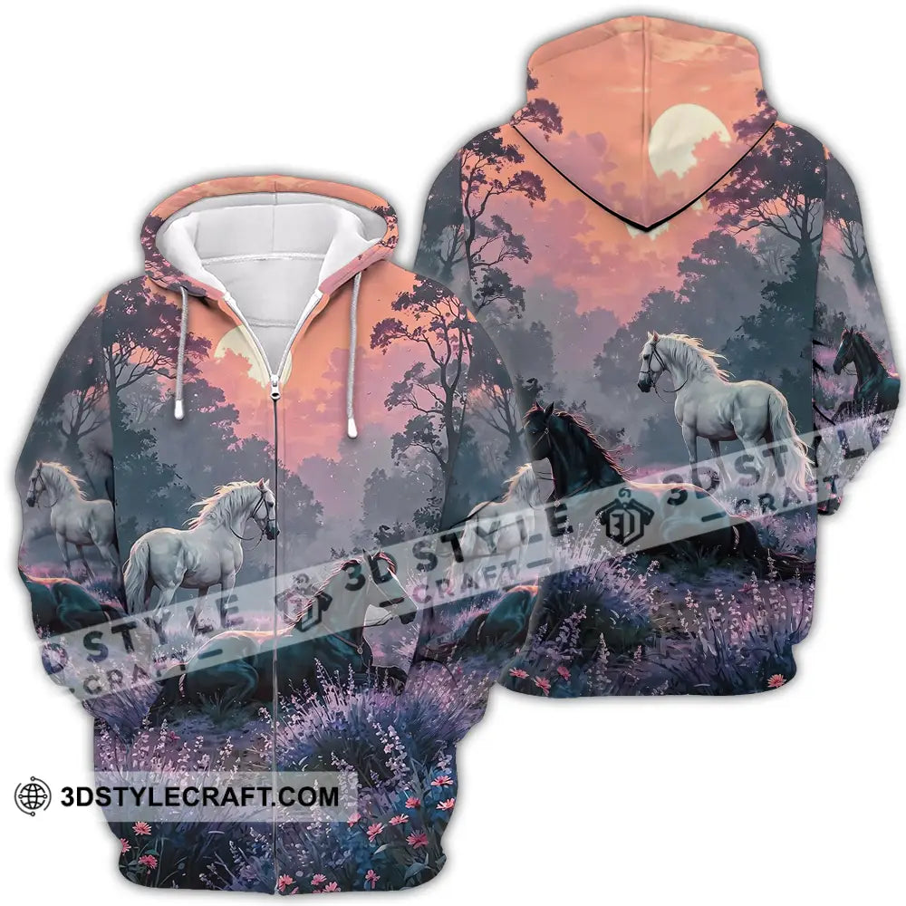 Unisex Shirt - Black And White Horses In Sunset Horse Graphic Animal Scenery Stylish Shirt Zipper Hoodie / S T-shirt