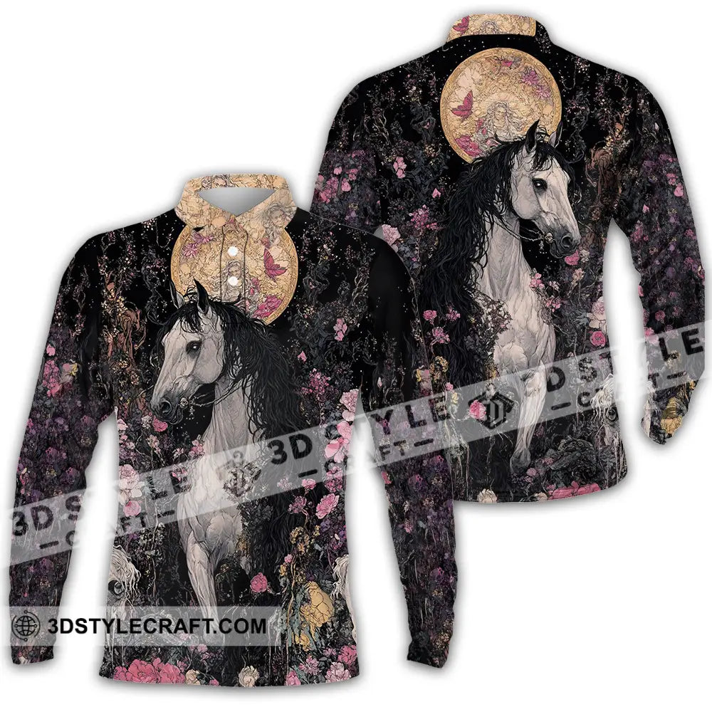 Unisex Shirt - Black Horse And Flowers Horse Graphic Animal Scenery Stylish Shirt Long Sleeve Polo / S T-shirt