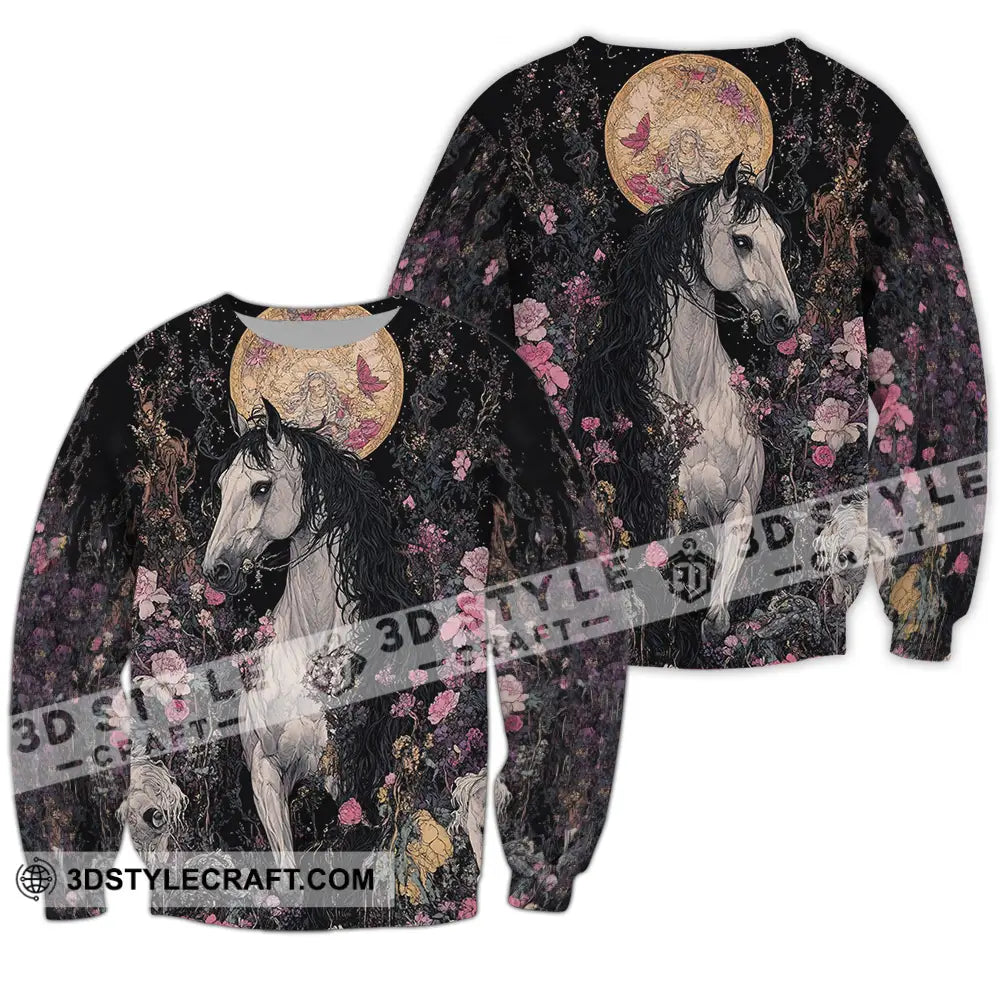 Unisex Shirt - Black Horse And Flowers Horse Graphic Animal Scenery Stylish Shirt Long Sleeve / S T-shirt
