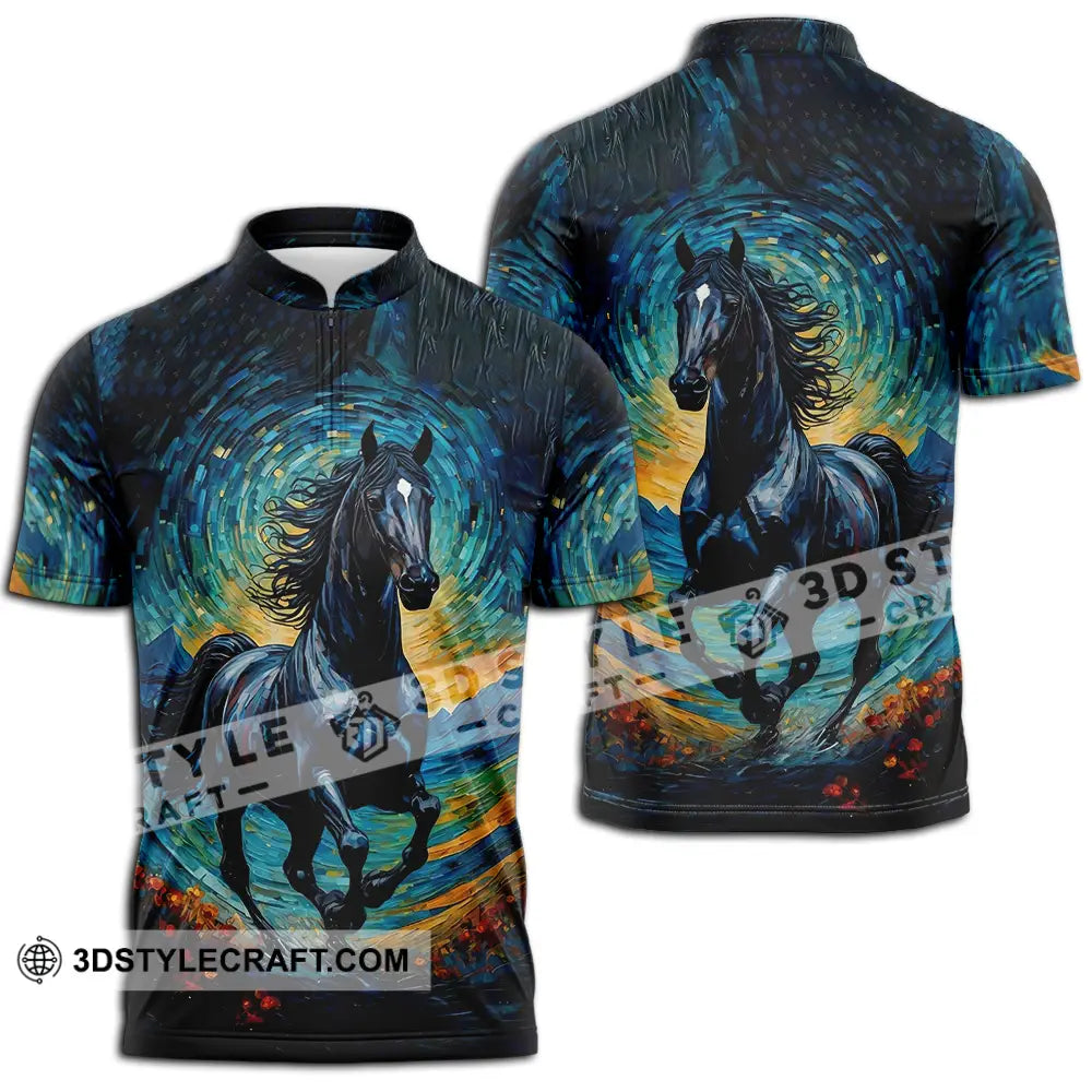 Unisex Shirt - Black Horse Symbolism Night Sky Shirt Zipper Polo Shirt / S T-shirt