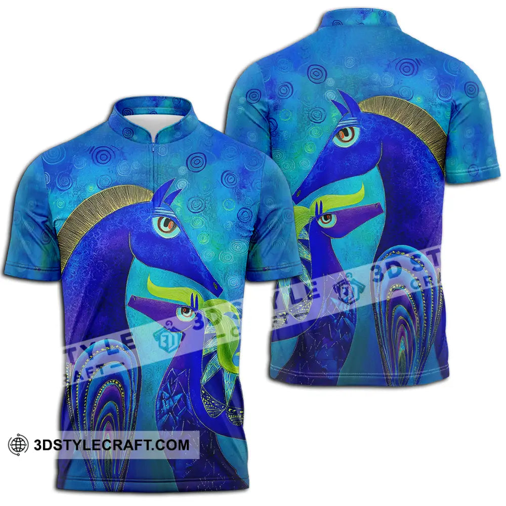 Unisex Shirt - Blue Abstract Art Horses Graphic Shirt Zipper Polo Shirt / S T-shirt