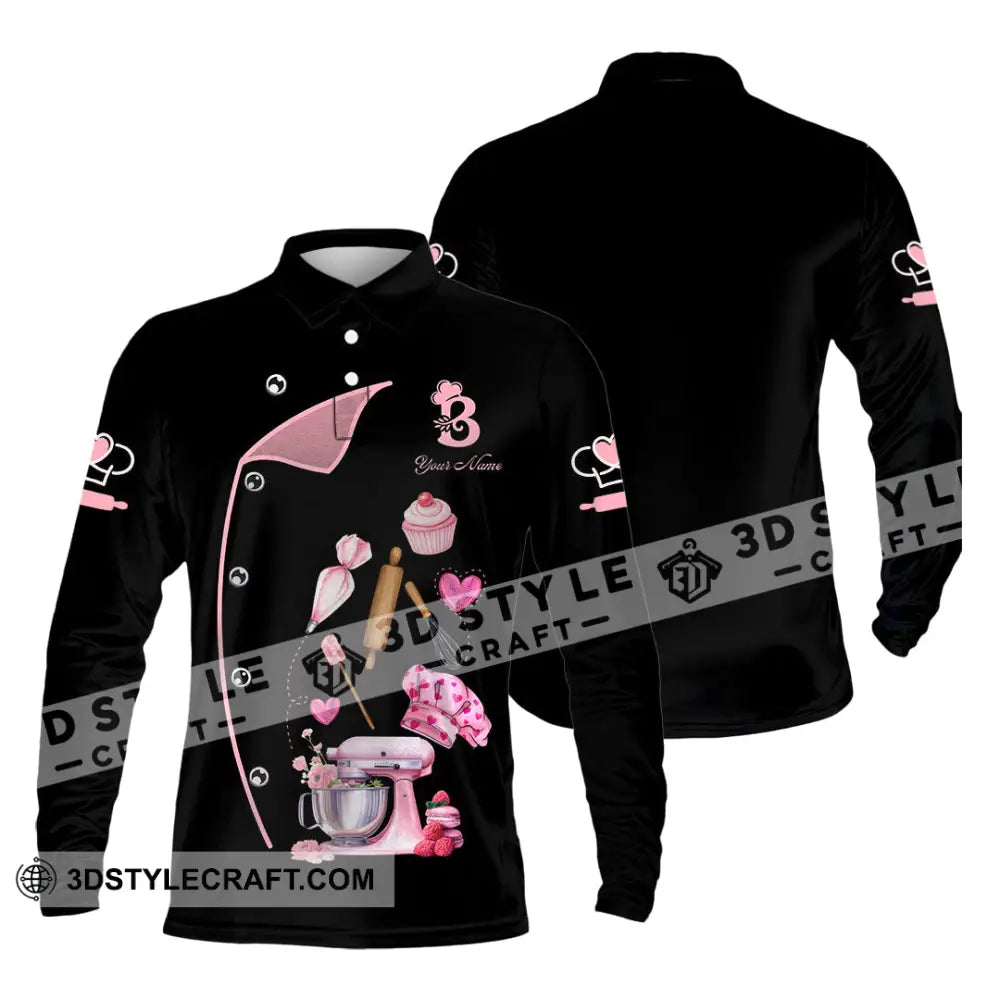Unisex Shirt - Custom Bakery Black & Pink Cute Shirt Long Sleeve Polo / S T-shirt