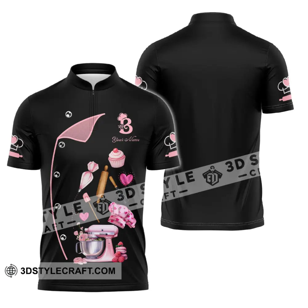 Unisex Shirt - Custom Bakery Black & Pink Cute Shirt Zipper Polo Shirt / S T-shirt