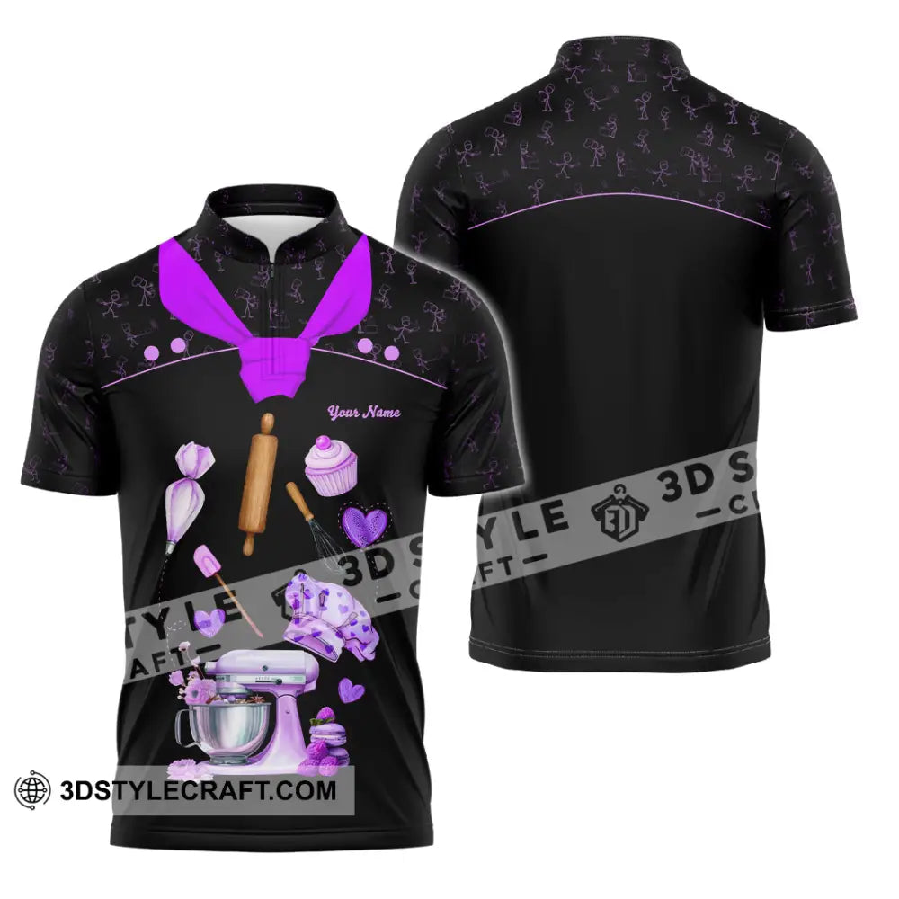 Unisex Shirt - Custom Bakery Black & Purple Cute Shirt Zipper Polo Shirt / S T-shirt