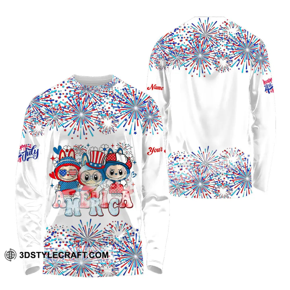 Unisex Shirt Custom Labubu The Monsters Cute Shirt America Happy Fourth of July Cute Collectible Gift Long Sleeve Shirt