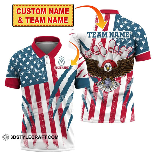 Unisex Shirt, Custom Name and Team Name Bowling Polo Shirt, America Flag Bowling T-Shirt, Bowling Hoodie Long Sleeve Shirt style option 2