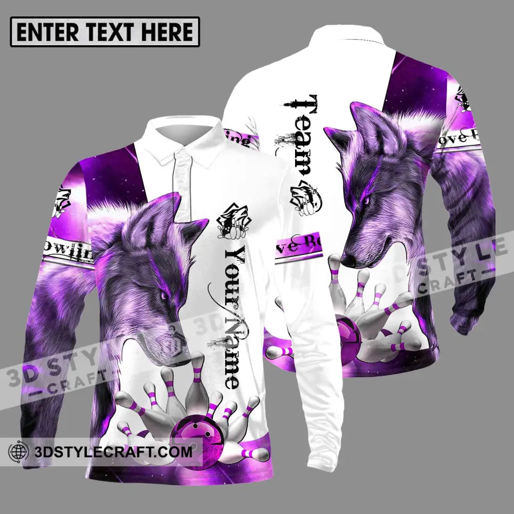 Unisex Shirt - Custom Name And Team Sport Purple Wolf Bowling Long Sleeve Polo / S T-Shirt