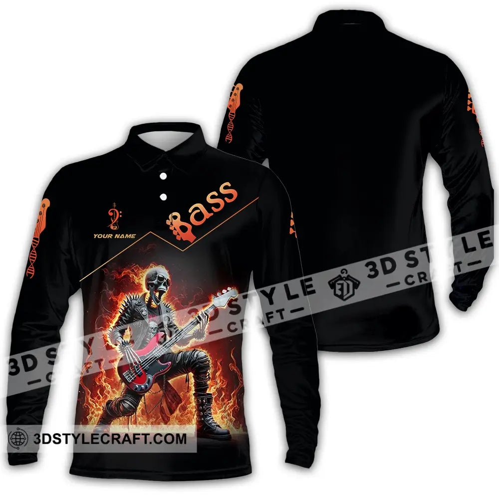 Unisex Shirt - Custom Name Fire Bass Long Sleeve Polo / S T-Shirt