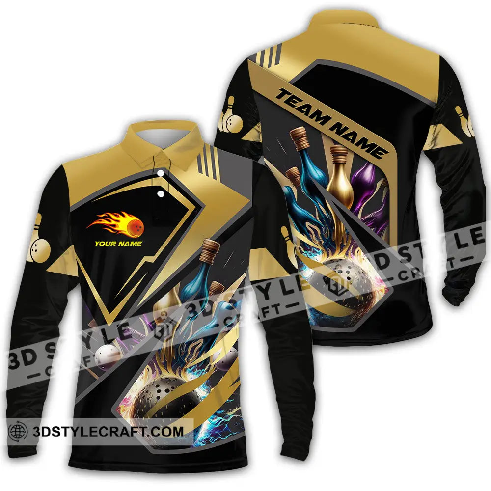 Unisex Shirt - Custom Name Gold Bowling Lover Long Sleeve Polo / S T-Shirt