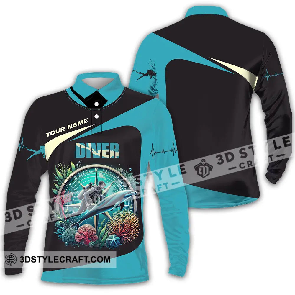 Unisex Shirt - Custom Text Diver Long Sleeve Polo / S T-Shirt