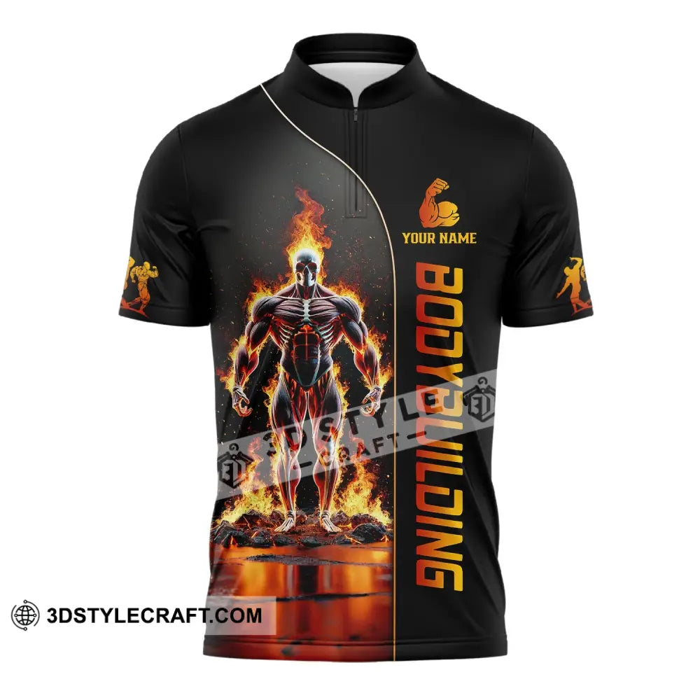 Unisex Shirt - Custom Text Fire Bowling Man Zipper Polo / S T-Shirt