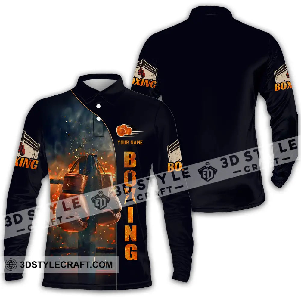 Unisex Shirt - Custom Text Fire Boxing Long Sleeve Polo / S T-Shirt