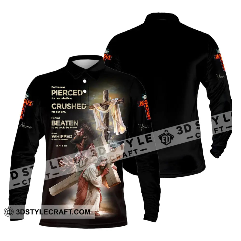 Unisex Shirt - Custom Text Jesus Saves Long Sleeve Polo / S T-Shirt