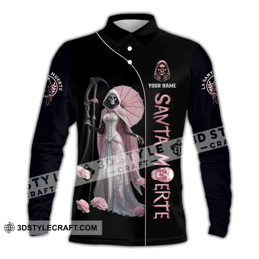 Unisex Shirt - Custom Text Santa Muerte Long Sleeve Polo / S T-Shirt