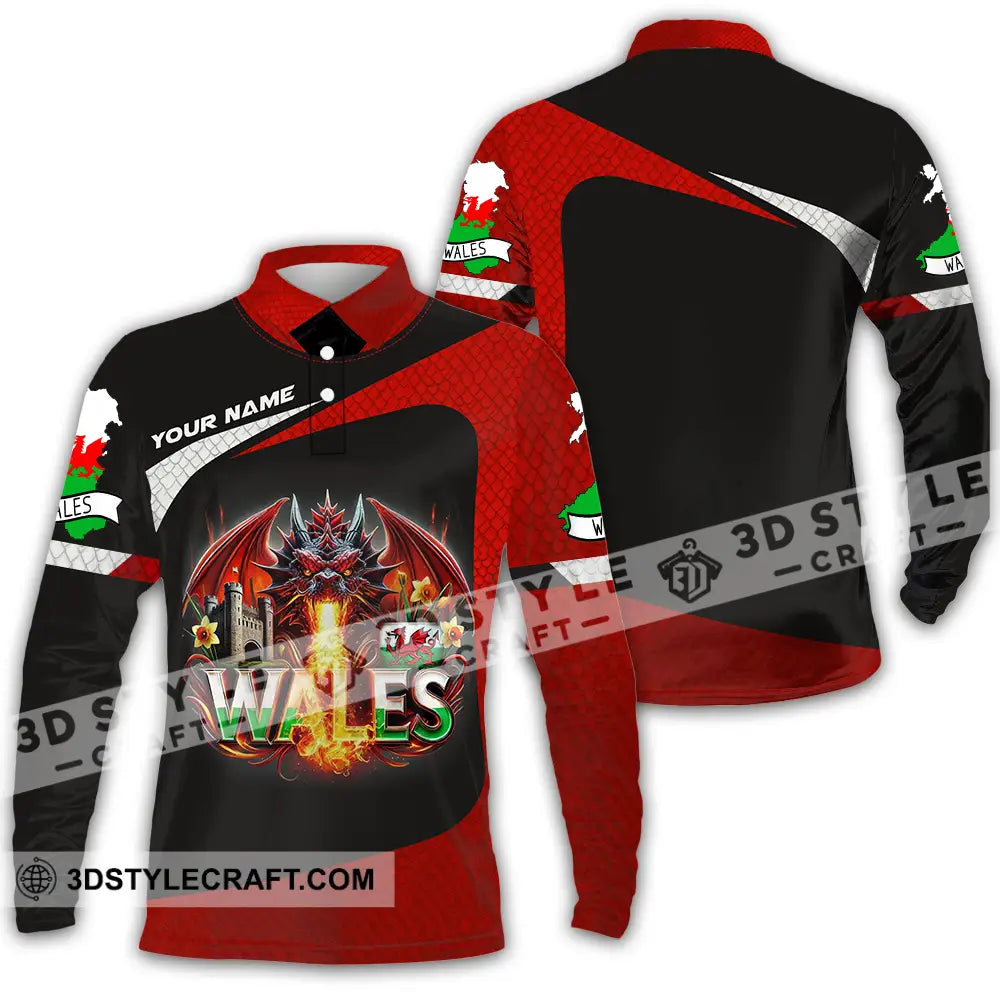 Unisex Shirt - Custom Text Wales Long Sleeve Polo / S T-Shirt