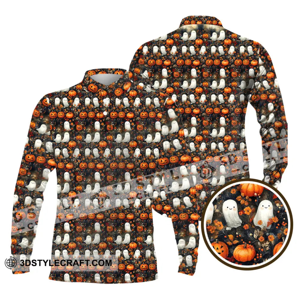 Unisex Shirt Halloween Design Ghost Pumpkin Shirt Long Sleeve Polo / S T shirt