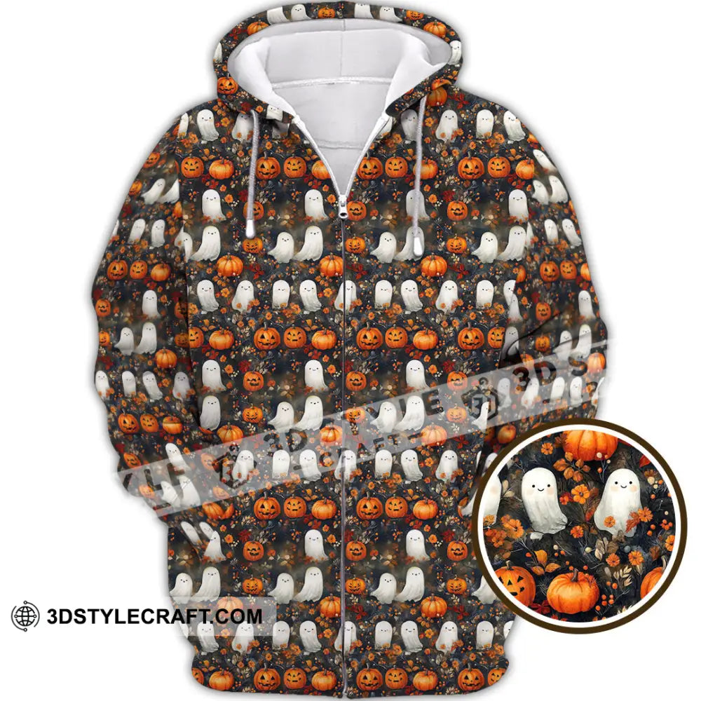 Unisex Shirt Halloween Design Ghost Pumpkin Shirt Zipper Hoodie / S T shirt