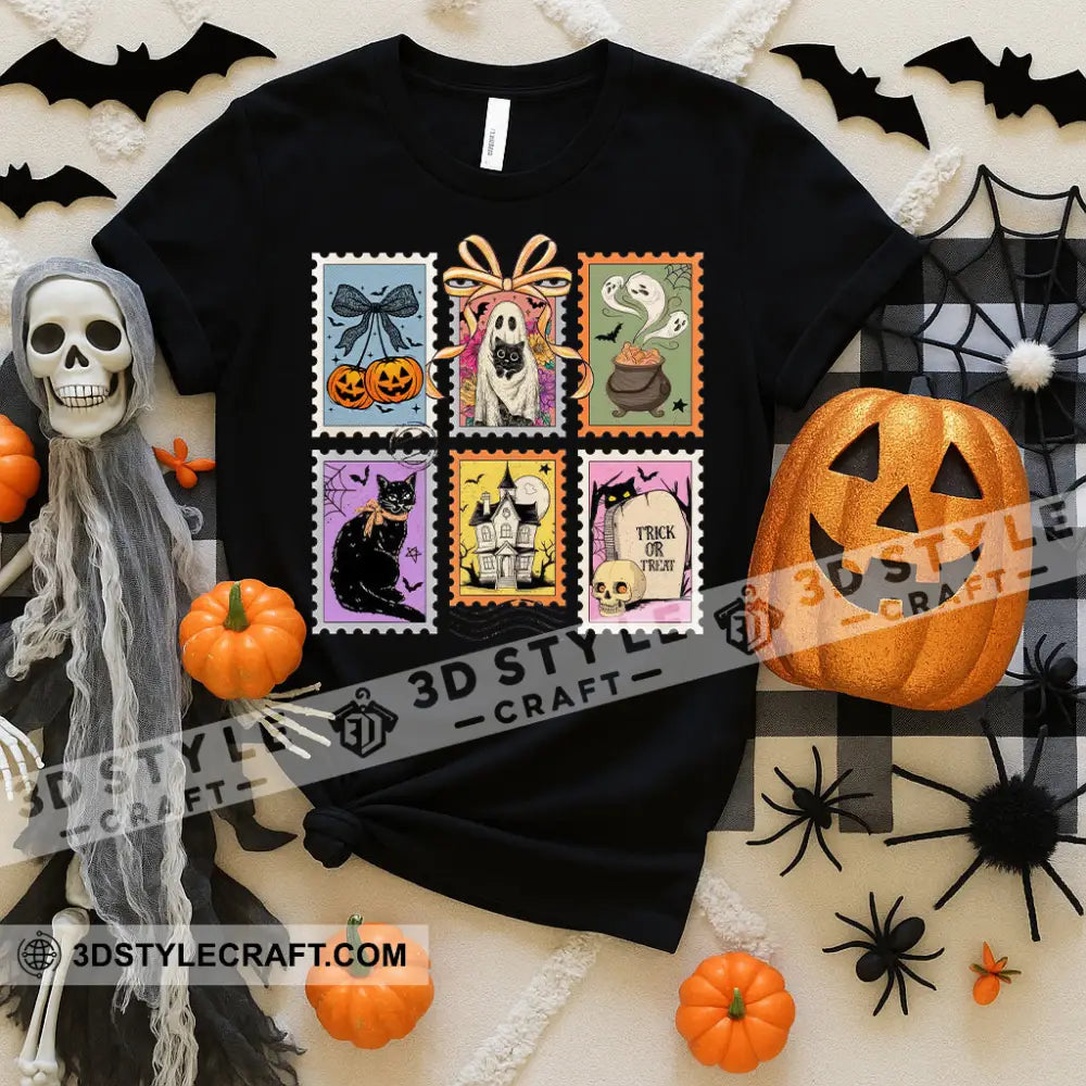 Unisex T-Shirt - Retro Halloween Cat Ghost Pumpkin T-Shirt Halloween Collectible Gift Black / S Apparel