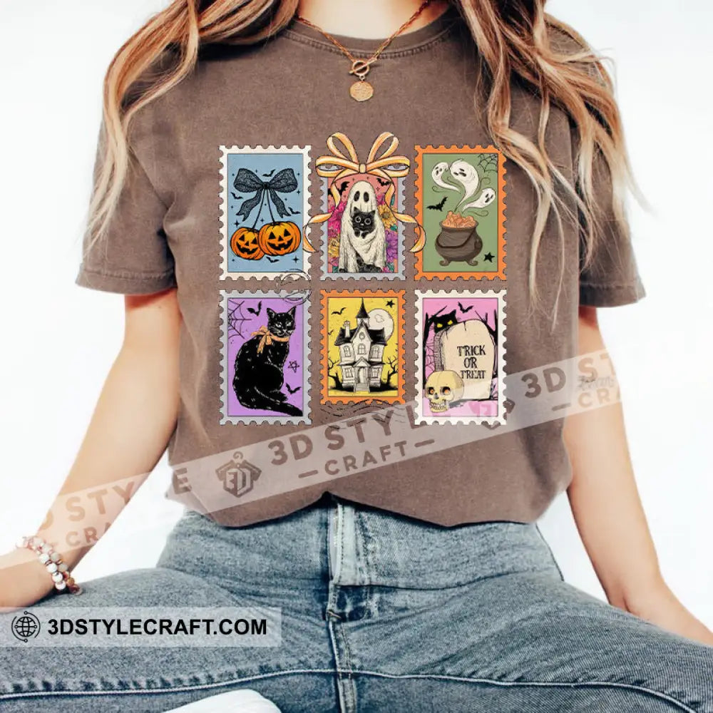 Unisex T-Shirt - Retro Halloween Cat Ghost Pumpkin T-Shirt Halloween Collectible Gift Brown / S Apparel