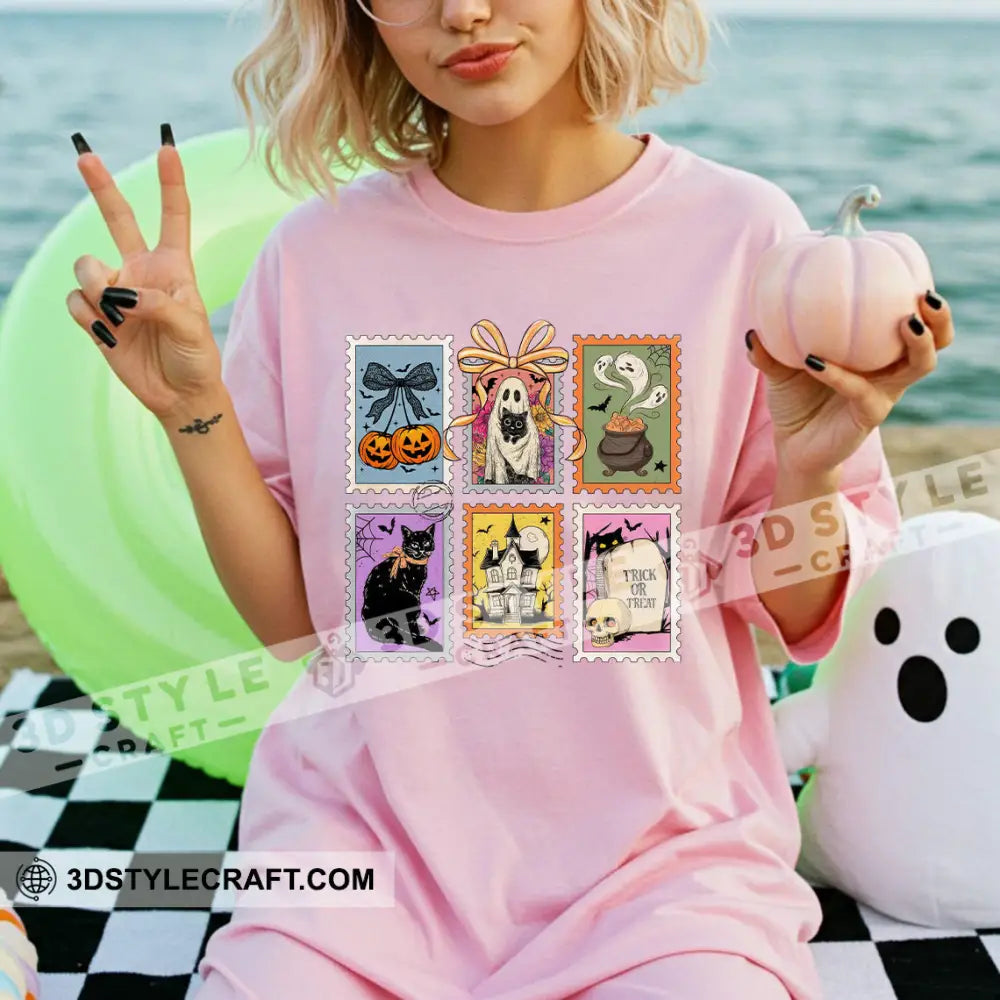 Unisex T-Shirt - Retro Halloween Cat Ghost Pumpkin T-Shirt Halloween Collectible Gift Light Pink / S Apparel